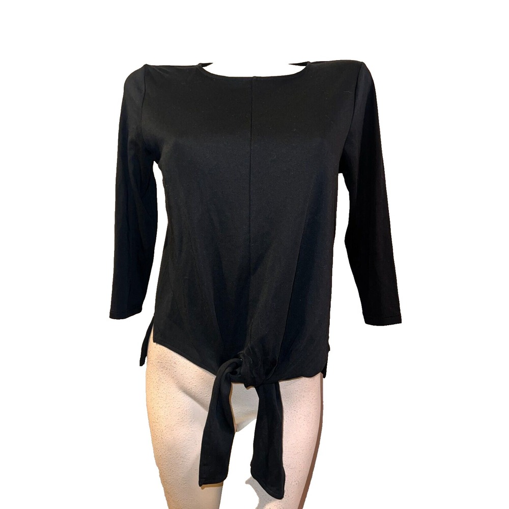 J. Jill Womens Black Front Tie Knot 3/4 Sleeve Knit Top Shirt Small Petite SP